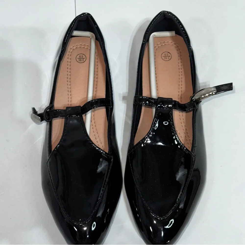 Black‎ Patent Leather Shiny T Strap Mary Jane Ballet Flat Shoes Women’s Size 8.5